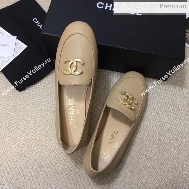 Chanel Lambskin Flat Loafers With Metal CC Logo Nude 2020 (MD-20032619)