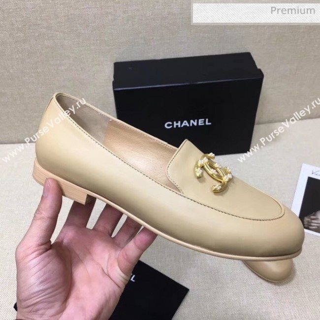 Chanel Lambskin Flat Loafers With Metal CC Logo Nude 2020 (MD-20032619)
