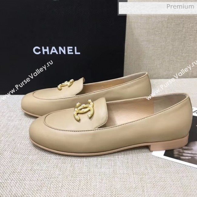 Chanel Lambskin Flat Loafers With Metal CC Logo Nude 2020 (MD-20032619)