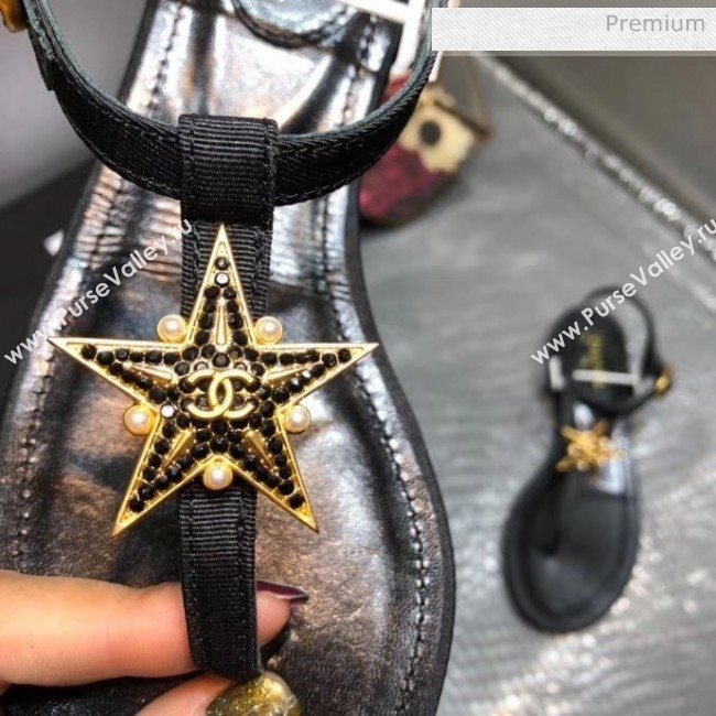 Chanel Grosgrain &amp; Goatskin Flat Sandals With Star Buckle Black 2020 (MD-20032621)