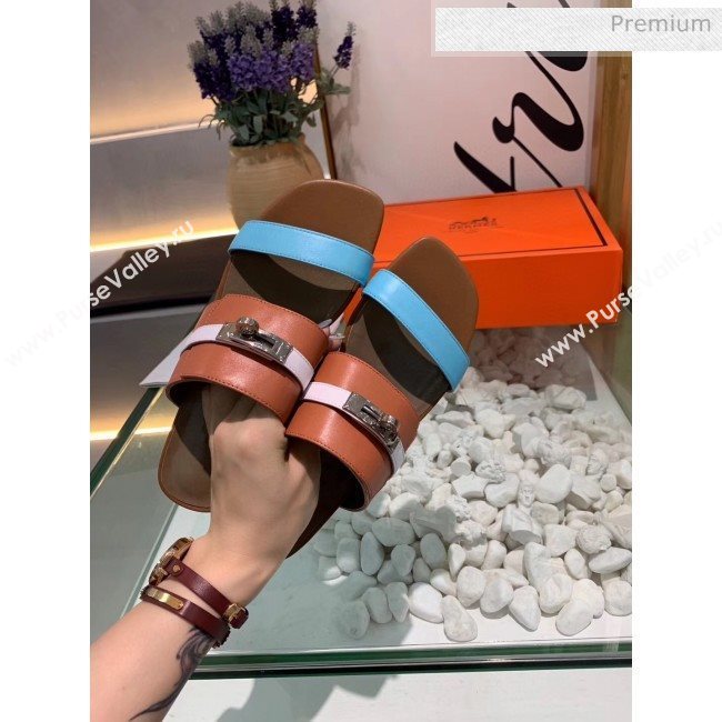 Hermes Calfskin Avenue Sandal Brown/Blue/White 2020 (MD-20040131)