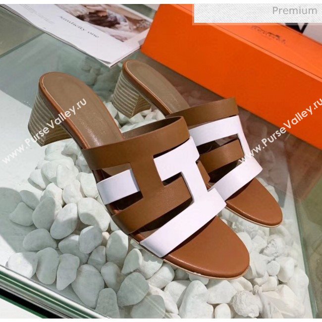 Hermes Calfskin Amica Sandal With 5cm Heel Brown/White 2020 (MD-20040141)