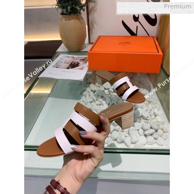 Hermes Calfskin Amica Sandal With 5cm Heel Brown/White 2020 (MD-20040141)