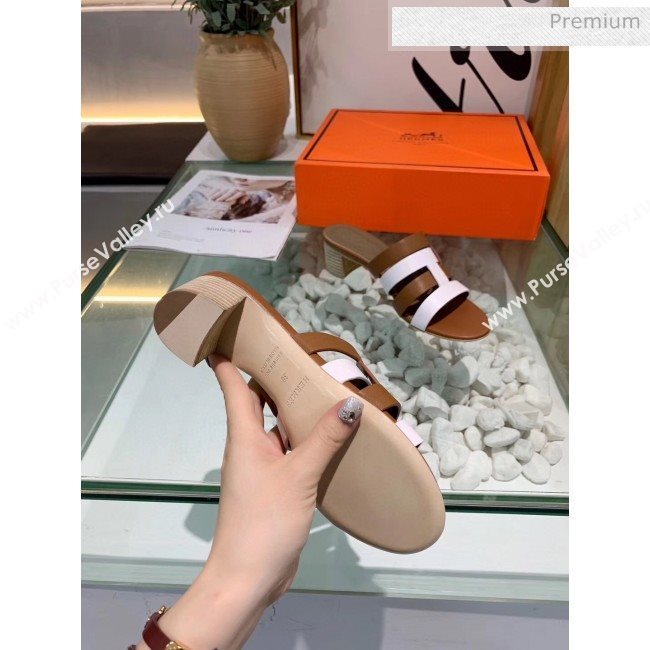 Hermes Calfskin Amica Sandal With 5cm Heel Brown/White 2020 (MD-20040141)
