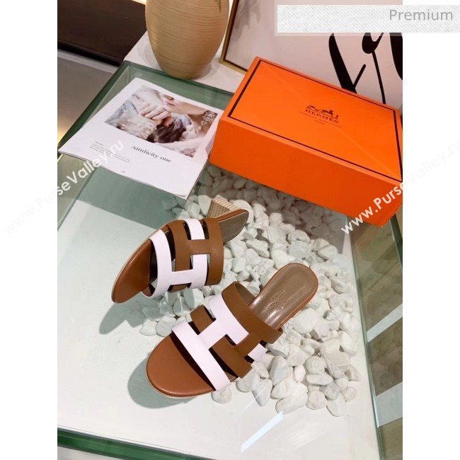 Hermes Calfskin Amica Sandal With 5cm Heel Brown/White 2020 (MD-20040141)