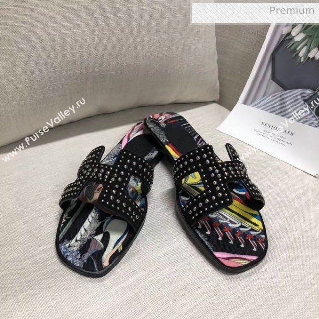 Hermes Studs Oran Sandal With &quot;Fantaisie Botanique&quot; Printed Canvas Black 2020 (MD-20040121)