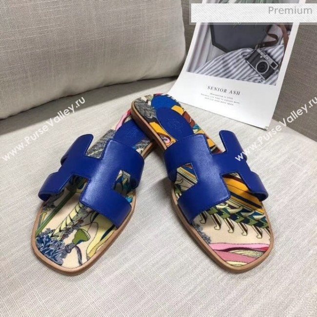 Hermes Calfskin Oran Sandal With &quot;Fantaisie Botanique&quot; Printed Canvas Blue 2020 (MD-20040122)