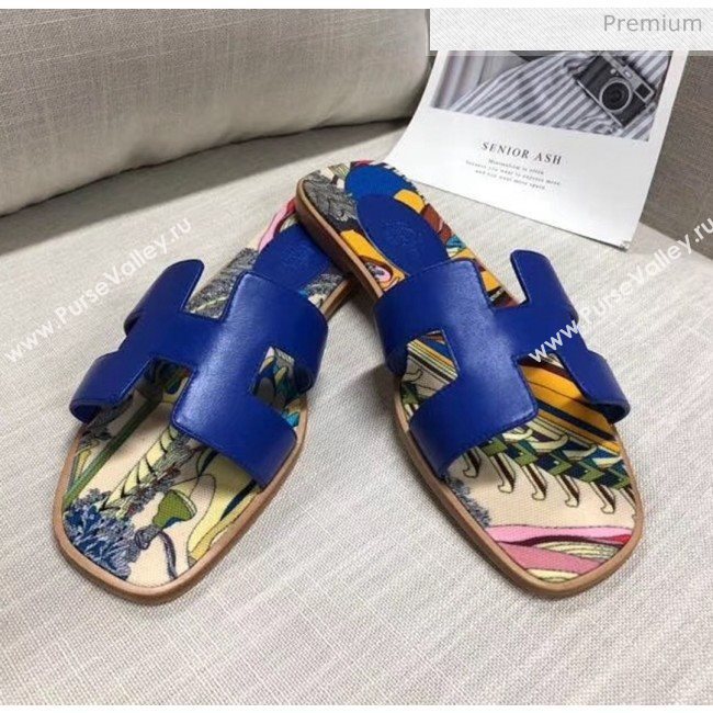 Hermes Calfskin Oran Sandal With &quot;Fantaisie Botanique&quot; Printed Canvas Blue 2020 (MD-20040122)