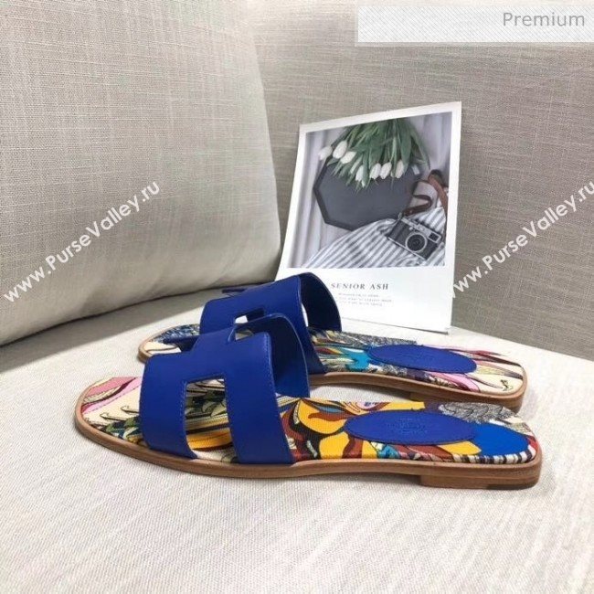 Hermes Calfskin Oran Sandal With &quot;Fantaisie Botanique&quot; Printed Canvas Blue 2020 (MD-20040122)