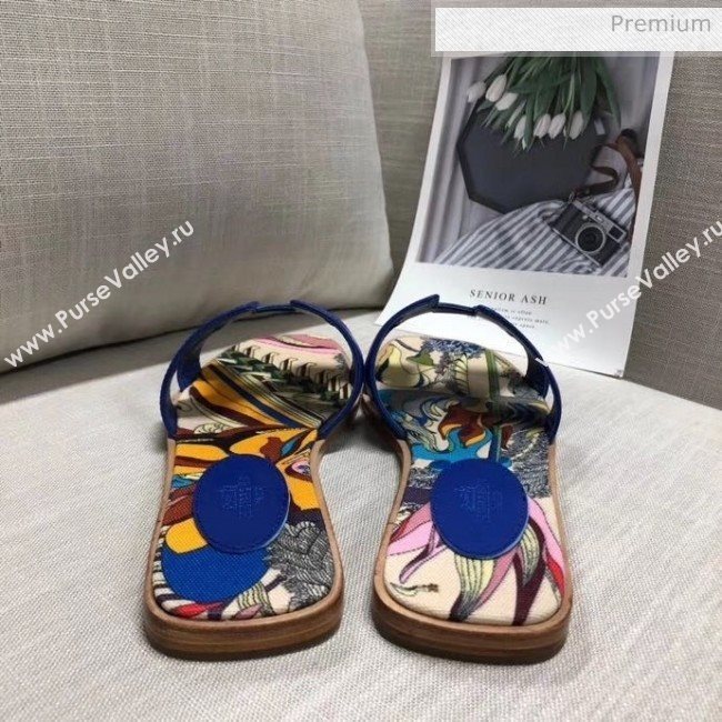 Hermes Calfskin Oran Sandal With &quot;Fantaisie Botanique&quot; Printed Canvas Blue 2020 (MD-20040122)