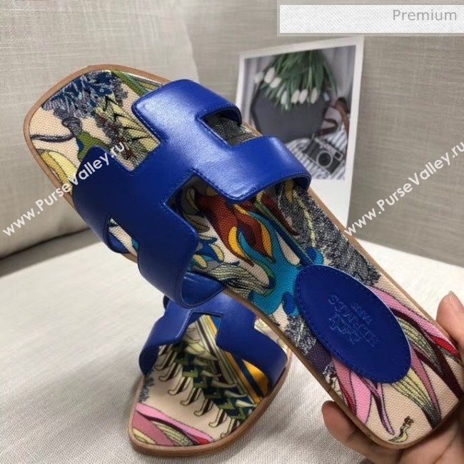 Hermes Calfskin Oran Sandal With &quot;Fantaisie Botanique&quot; Printed Canvas Blue 2020 (MD-20040122)