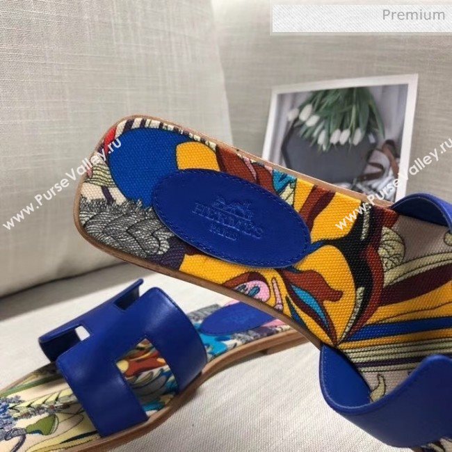 Hermes Calfskin Oran Sandal With &quot;Fantaisie Botanique&quot; Printed Canvas Blue 2020 (MD-20040122)