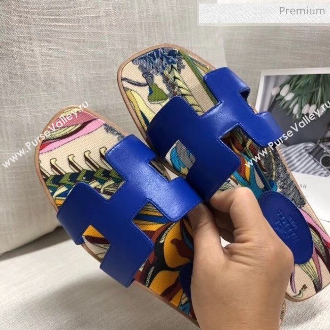 Hermes Calfskin Oran Sandal With &quot;Fantaisie Botanique&quot; Printed Canvas Blue 2020 (MD-20040122)