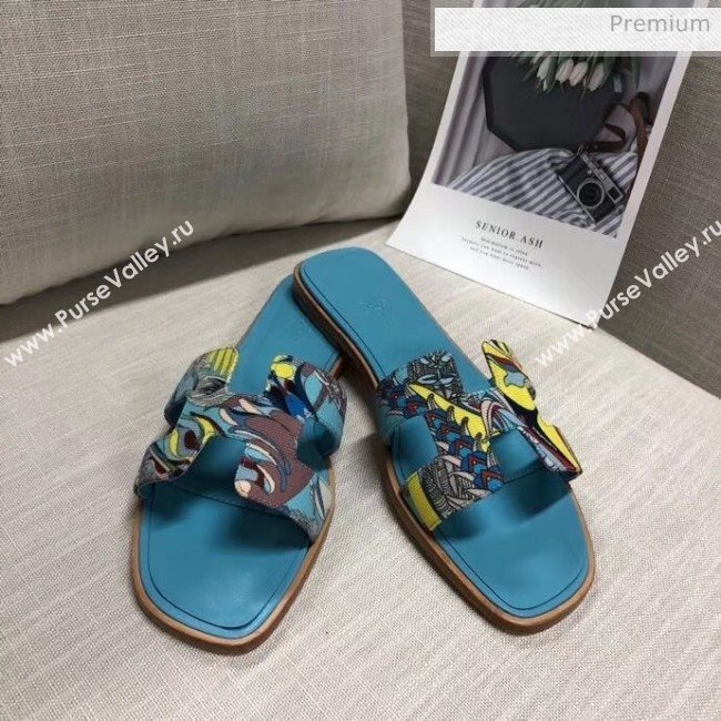 Hermes &quot;Fantaisie Botanique&quot; Printed Canvas Oran Sandal Blue 2020 (MD-20040123)