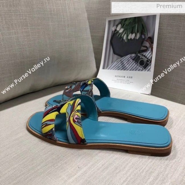 Hermes &quot;Fantaisie Botanique&quot; Printed Canvas Oran Sandal Blue 2020 (MD-20040123)