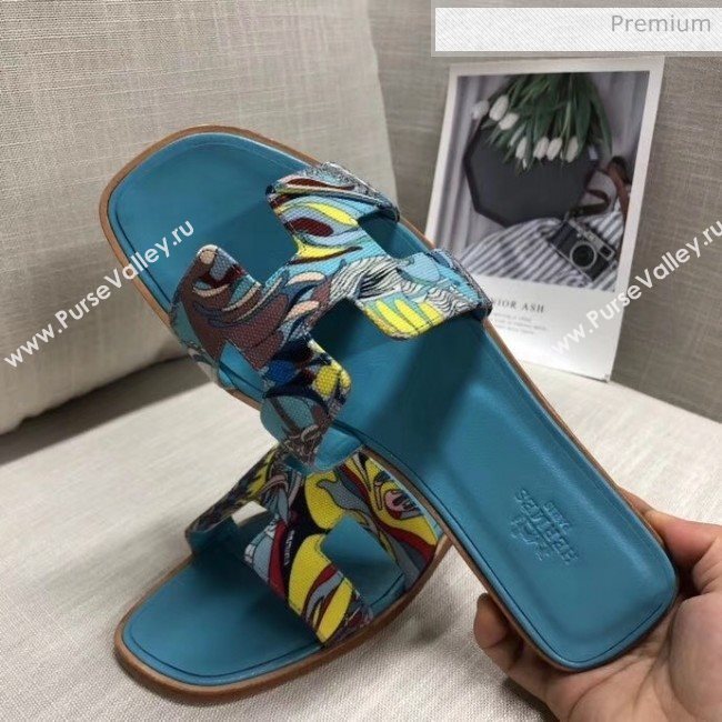 Hermes &quot;Fantaisie Botanique&quot; Printed Canvas Oran Sandal Blue 2020 (MD-20040123)