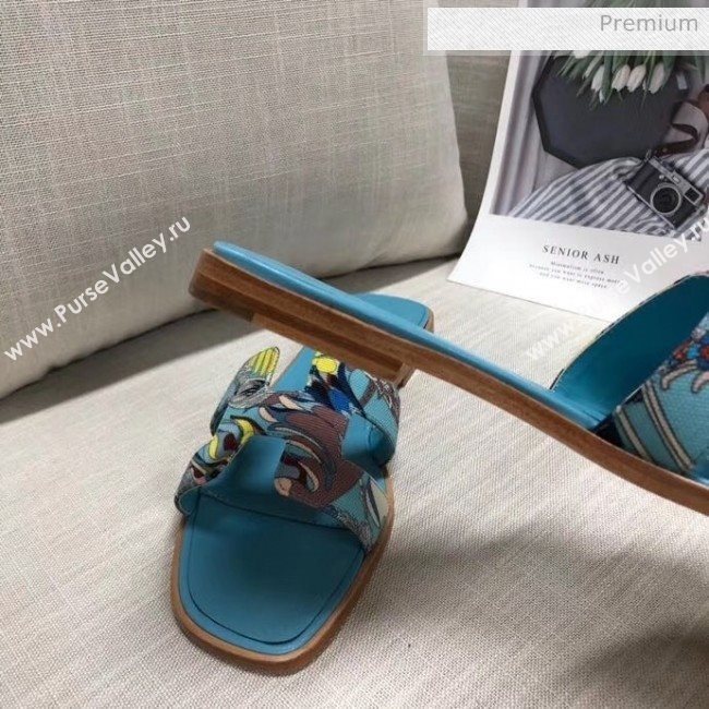 Hermes &quot;Fantaisie Botanique&quot; Printed Canvas Oran Sandal Blue 2020 (MD-20040123)