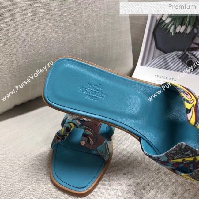 Hermes &quot;Fantaisie Botanique&quot; Printed Canvas Oran Sandal Blue 2020 (MD-20040123)