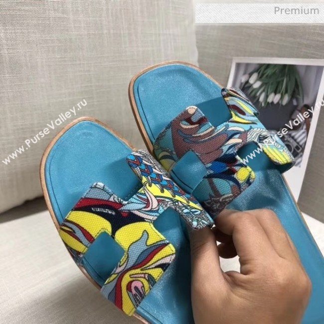 Hermes &quot;Fantaisie Botanique&quot; Printed Canvas Oran Sandal Blue 2020 (MD-20040123)