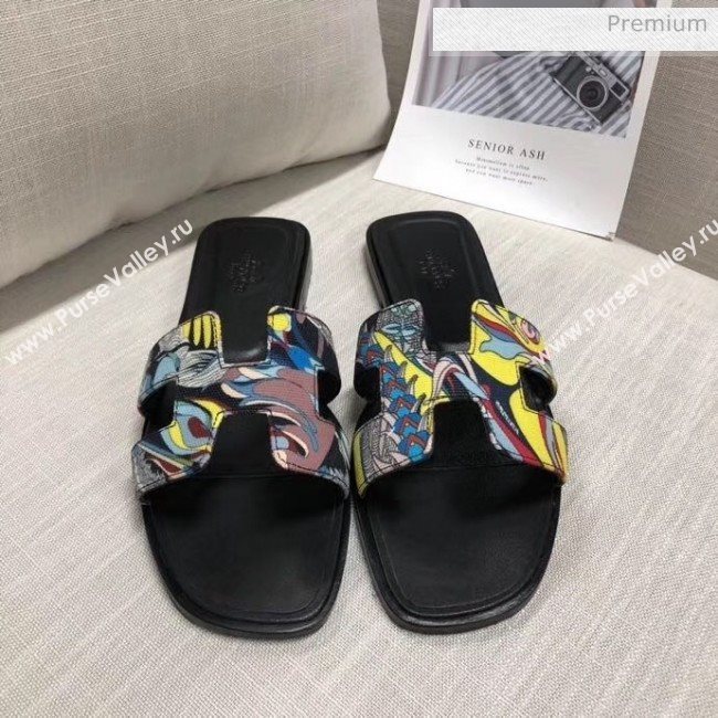 Hermes &quot;Fantaisie Botanique&quot; Printed Canvas Oran Sandal Black 2020 (MD-20040124)