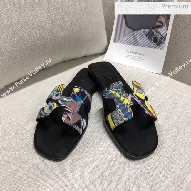 Hermes &quot;Fantaisie Botanique&quot; Printed Canvas Oran Sandal Black 2020 (MD-20040124)