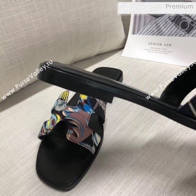 Hermes &quot;Fantaisie Botanique&quot; Printed Canvas Oran Sandal Black 2020 (MD-20040124)