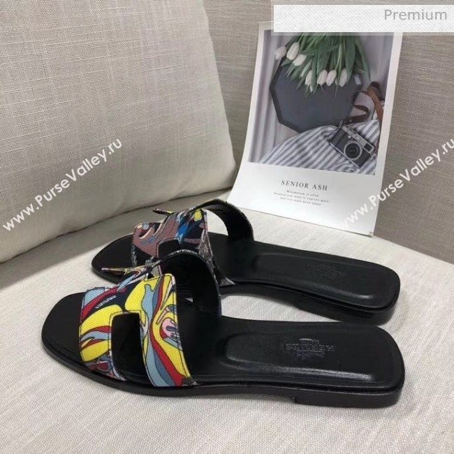 Hermes &quot;Fantaisie Botanique&quot; Printed Canvas Oran Sandal Black 2020 (MD-20040124)