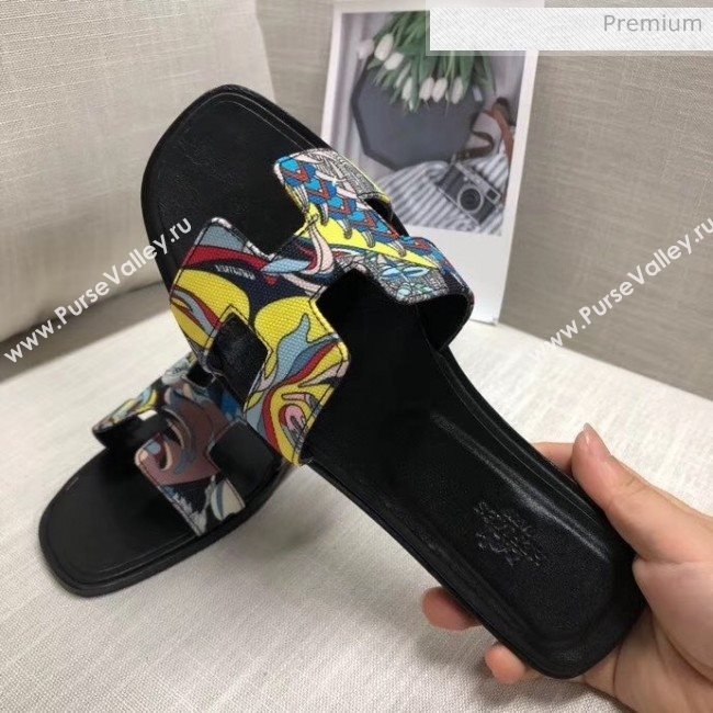 Hermes &quot;Fantaisie Botanique&quot; Printed Canvas Oran Sandal Black 2020 (MD-20040124)