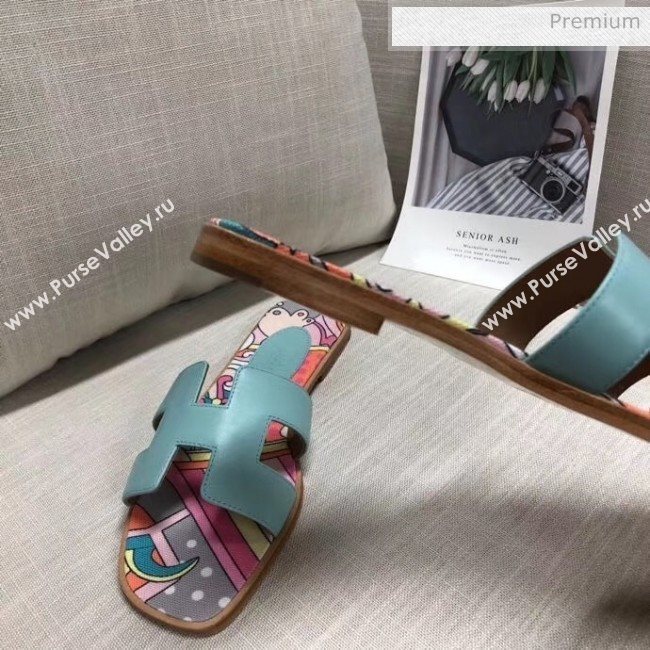 Hermes Calfskin Oran Sandal With &quot;Fantaisie Botanique&quot; Printed Canvas Light Blue 2020 (MD-20040125)