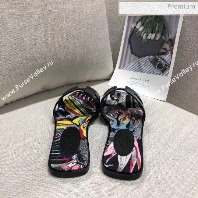 Hermes Calfskin Oran Sandal With &quot;Fantaisie Botanique&quot; Printed Canvas Black 02 2020 (MD-20040126)