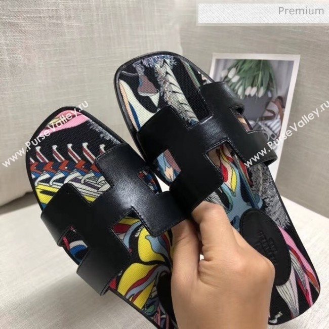 Hermes Calfskin Oran Sandal With &quot;Fantaisie Botanique&quot; Printed Canvas Black 02 2020 (MD-20040126)