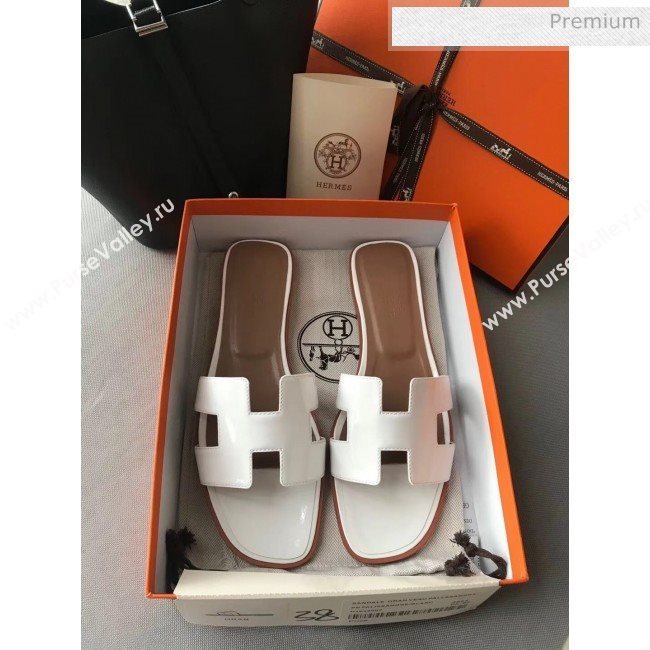 Hermes Patent Calfskin Leather Oran H Flat Slipper Sandals White (MD-20040101)