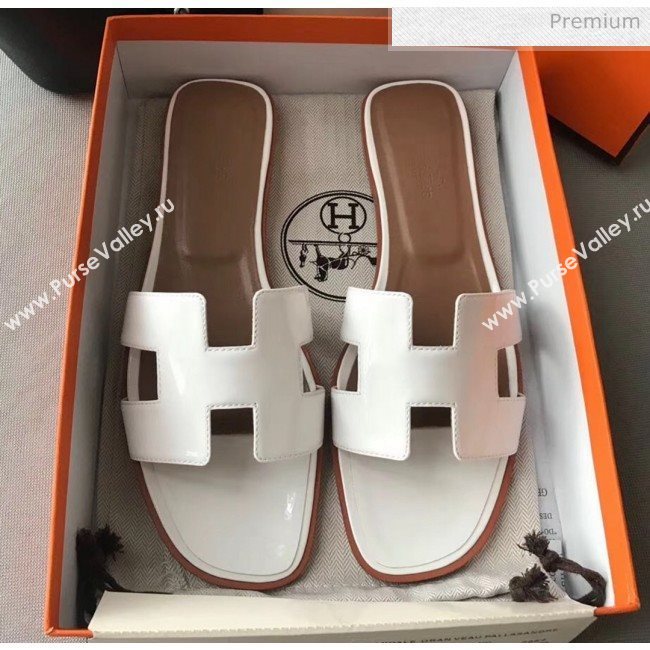 Hermes Patent Calfskin Leather Oran H Flat Slipper Sandals White (MD-20040101)