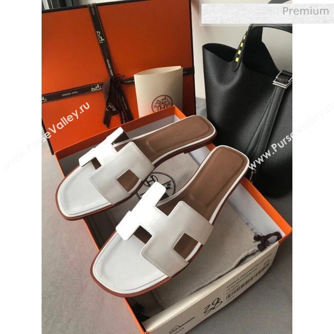 Hermes Patent Calfskin Leather Oran H Flat Slipper Sandals White (MD-20040101)