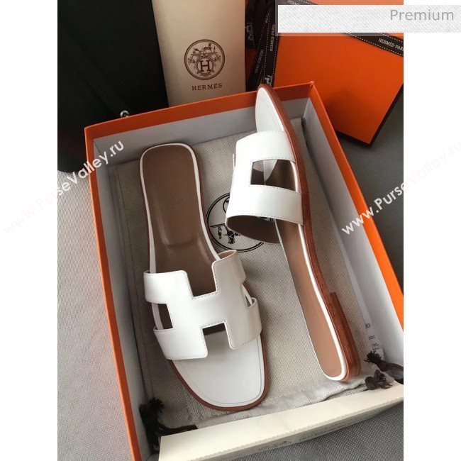 Hermes Patent Calfskin Leather Oran H Flat Slipper Sandals White (MD-20040101)