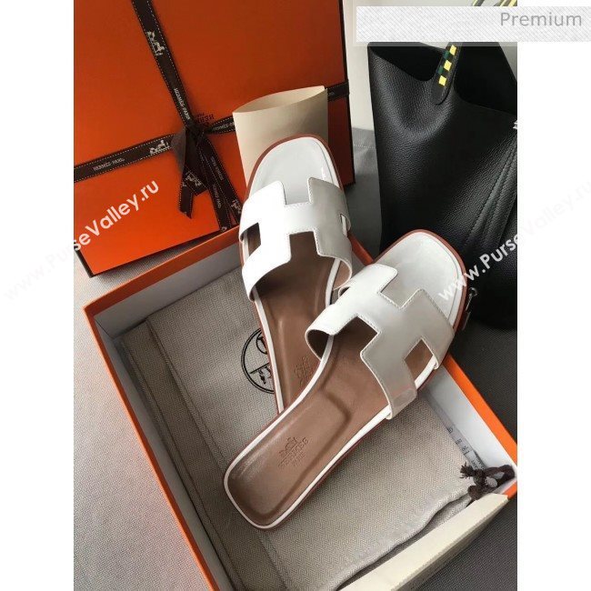 Hermes Patent Calfskin Leather Oran H Flat Slipper Sandals White (MD-20040101)