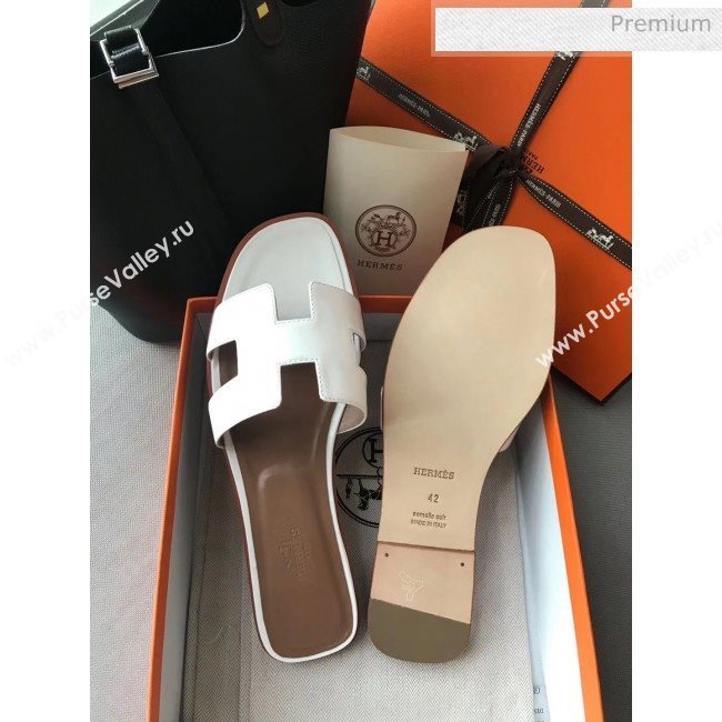 Hermes Patent Calfskin Leather Oran H Flat Slipper Sandals White (MD-20040101)