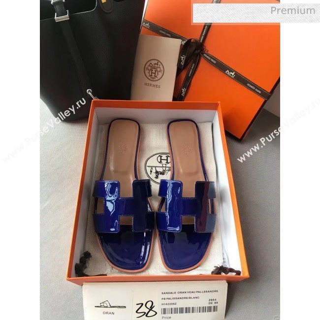 Hermes Patent Calfskin Leather Oran H Flat Slipper Sandals Electric Blue (MD-20040102)