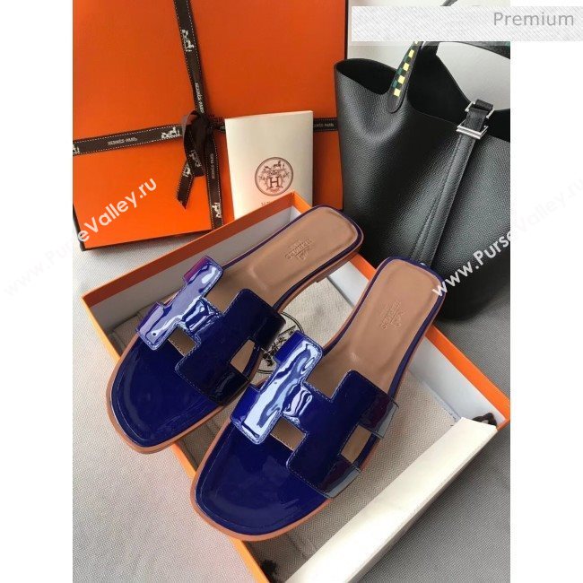 Hermes Patent Calfskin Leather Oran H Flat Slipper Sandals Electric Blue (MD-20040102)