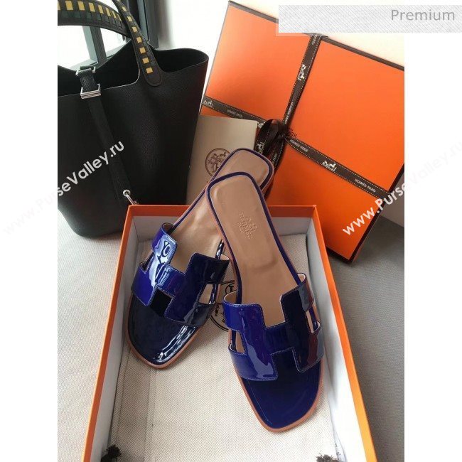 Hermes Patent Calfskin Leather Oran H Flat Slipper Sandals Electric Blue (MD-20040102)