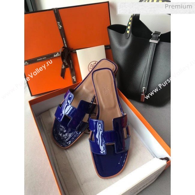 Hermes Patent Calfskin Leather Oran H Flat Slipper Sandals Electric Blue (MD-20040102)
