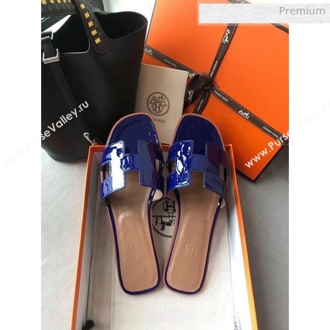 Hermes Patent Calfskin Leather Oran H Flat Slipper Sandals Electric Blue (MD-20040102)