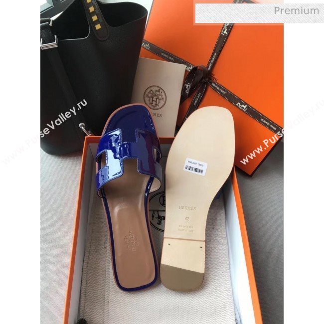 Hermes Patent Calfskin Leather Oran H Flat Slipper Sandals Electric Blue (MD-20040102)