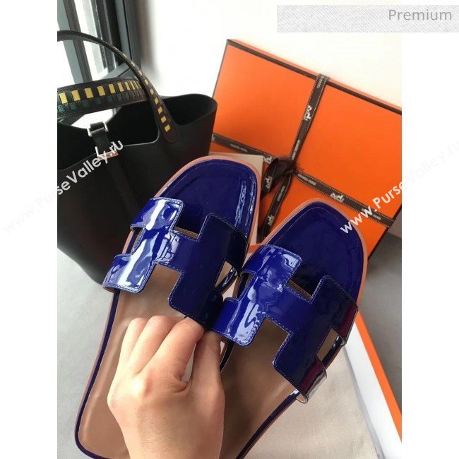 Hermes Patent Calfskin Leather Oran H Flat Slipper Sandals Electric Blue (MD-20040102)