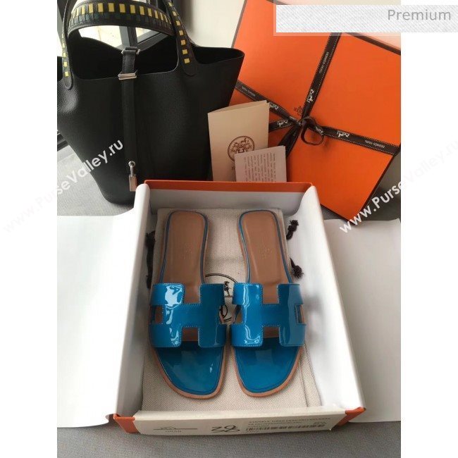 Hermes Patent Calfskin Leather Oran H Flat Slipper Sandals Peacock Blue (MD-20040103)