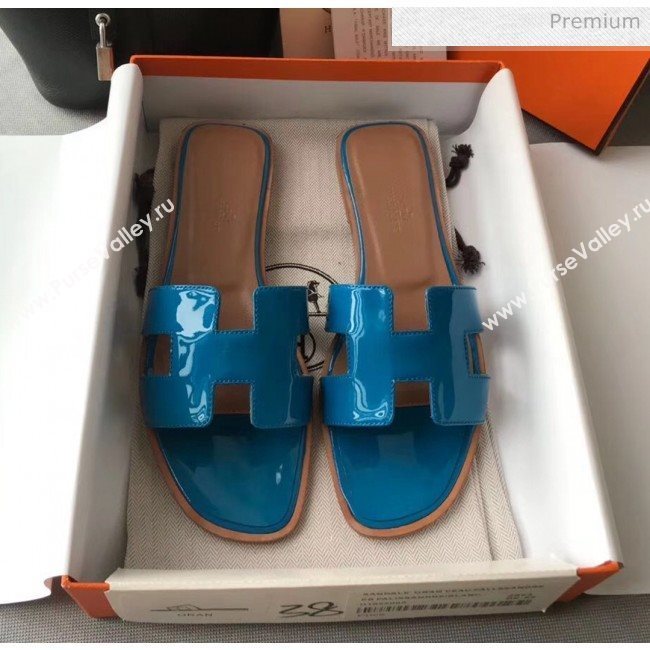 Hermes Patent Calfskin Leather Oran H Flat Slipper Sandals Peacock Blue (MD-20040103)