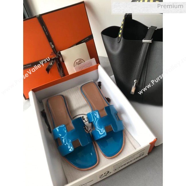 Hermes Patent Calfskin Leather Oran H Flat Slipper Sandals Peacock Blue (MD-20040103)