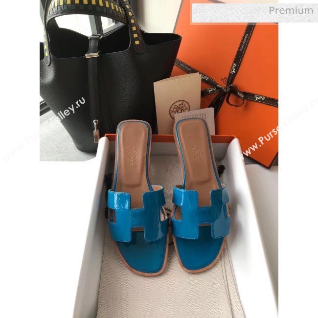 Hermes Patent Calfskin Leather Oran H Flat Slipper Sandals Peacock Blue (MD-20040103)