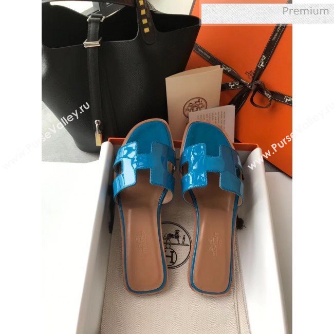 Hermes Patent Calfskin Leather Oran H Flat Slipper Sandals Peacock Blue (MD-20040103)