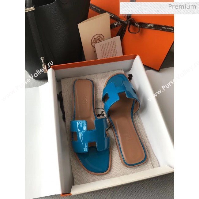 Hermes Patent Calfskin Leather Oran H Flat Slipper Sandals Peacock Blue (MD-20040103)
